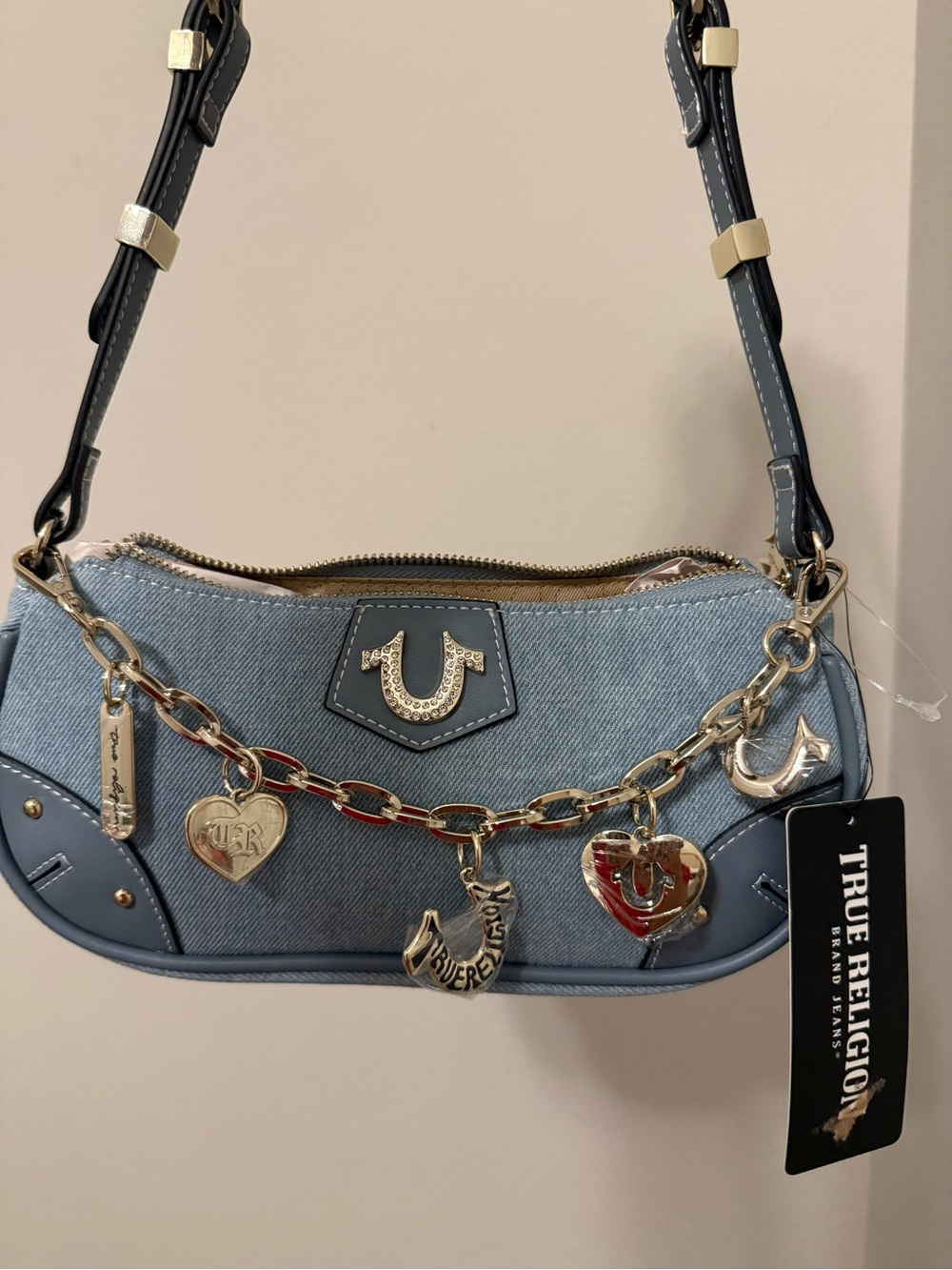 True Religion Light Blue Denim Shoulder Bag with Silver Charm Chain